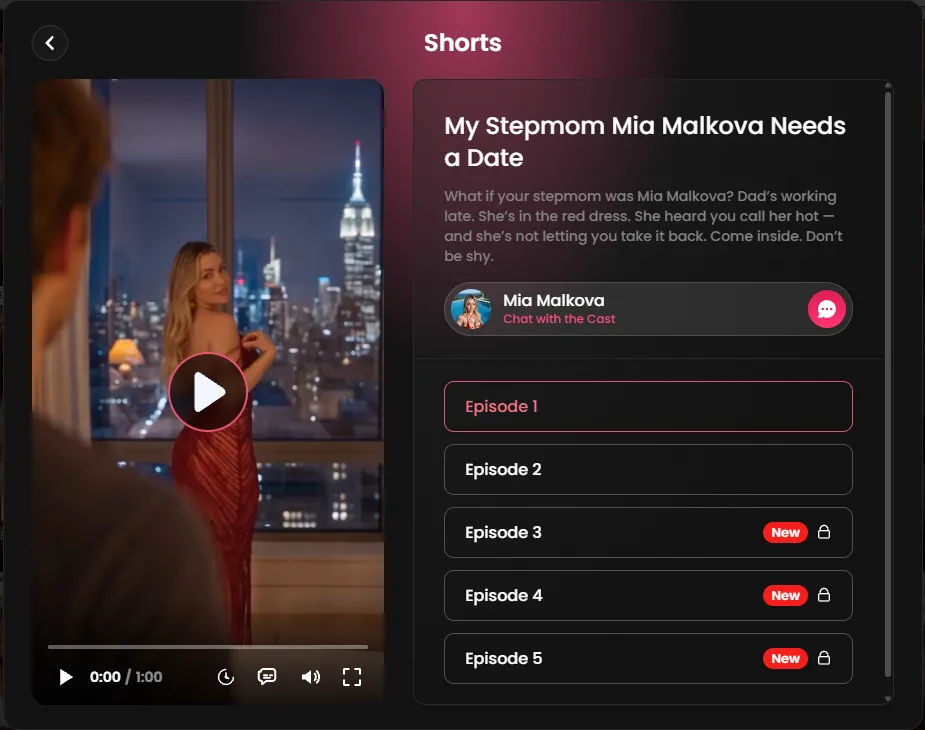 Candy Shorts episode player showing a one-minute episode, five episodes with three locked, and a Chat with the Cast button