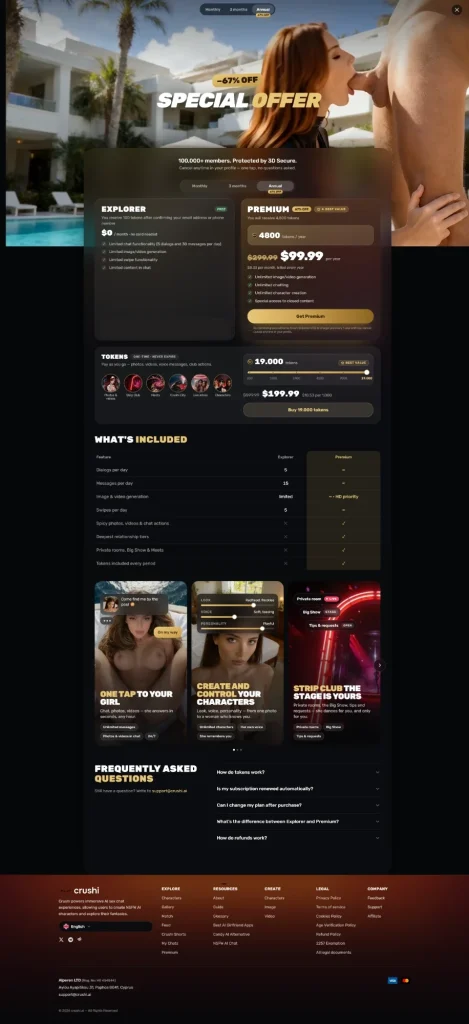 Crushi pricing page comparing the free Explorer plan with Premium at 99.99 dollars a year, plus one-time token packs