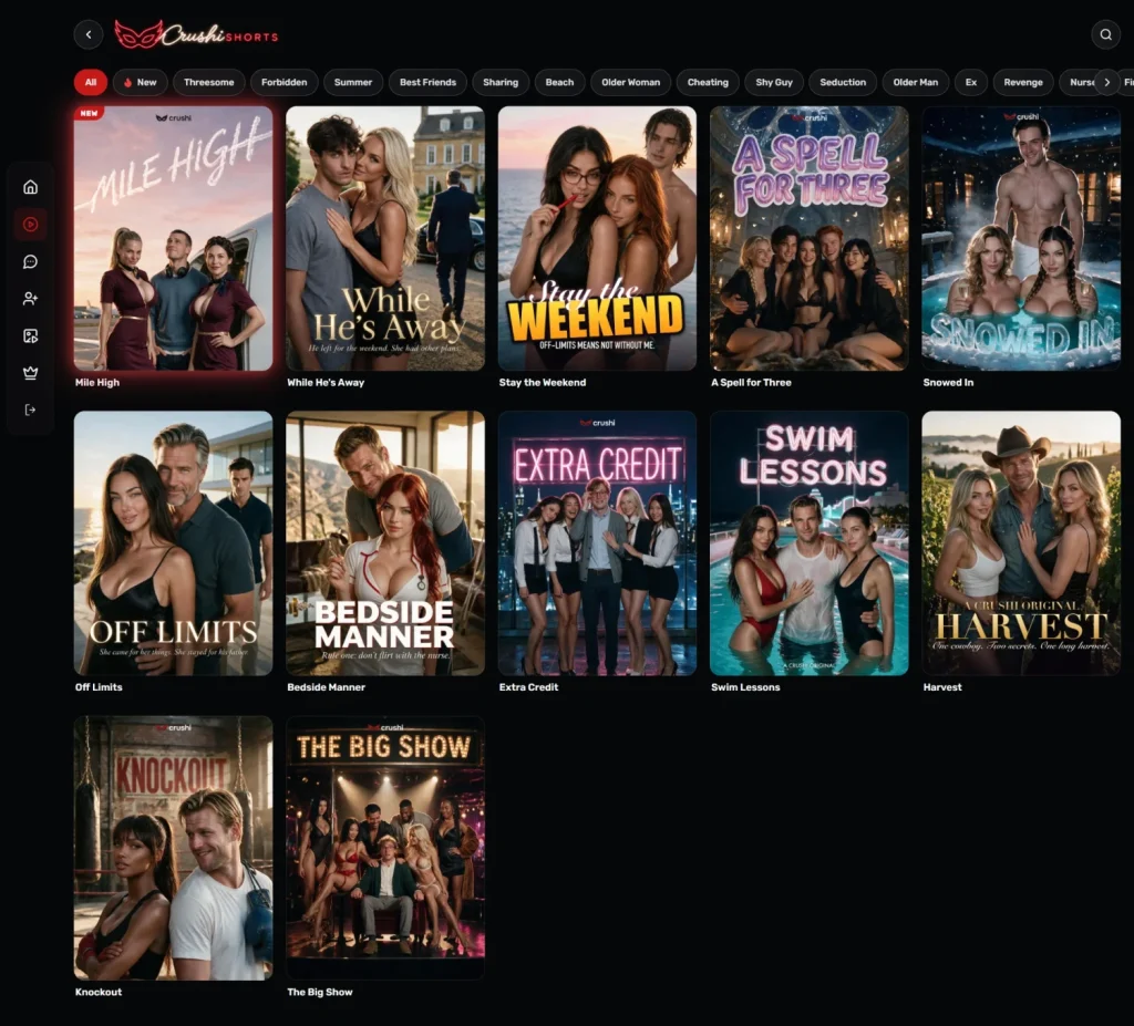 The Crushi Shorts library showing twelve named series browsable by theme tags
